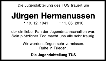 Traueranzeige von Jürgen Hermanussen von Tageszeitung