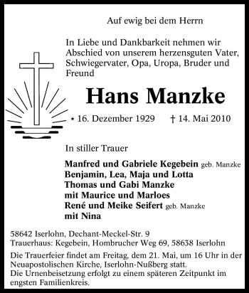 Traueranzeige von Hans Manzke von Tageszeitung