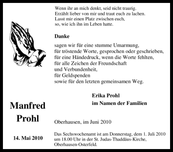 Traueranzeige von Manfred Prohl von Tageszeitung