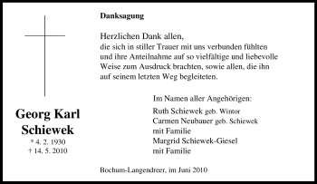 Traueranzeige von Georg Karl Schiewek von Tageszeitung