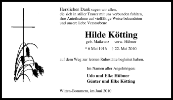 Traueranzeige von Hilde Kötting von Tageszeitung