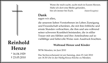 Traueranzeige von Reinhold Henze von Tageszeitung