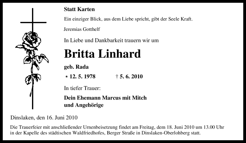  Traueranzeige für Britta Linhard vom 16.06.2010 aus Tageszeitung