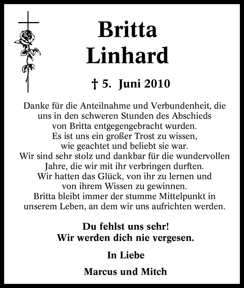  Traueranzeige für Britta Linhard vom 03.07.2010 aus Tageszeitung