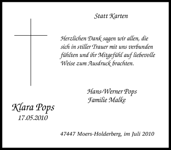 Traueranzeige von Klara Pops von Tageszeitung
