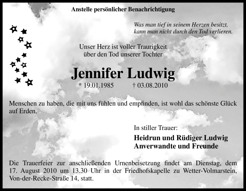  Traueranzeige für Jennifer Ludwig vom 14.08.2010 aus Tageszeitung