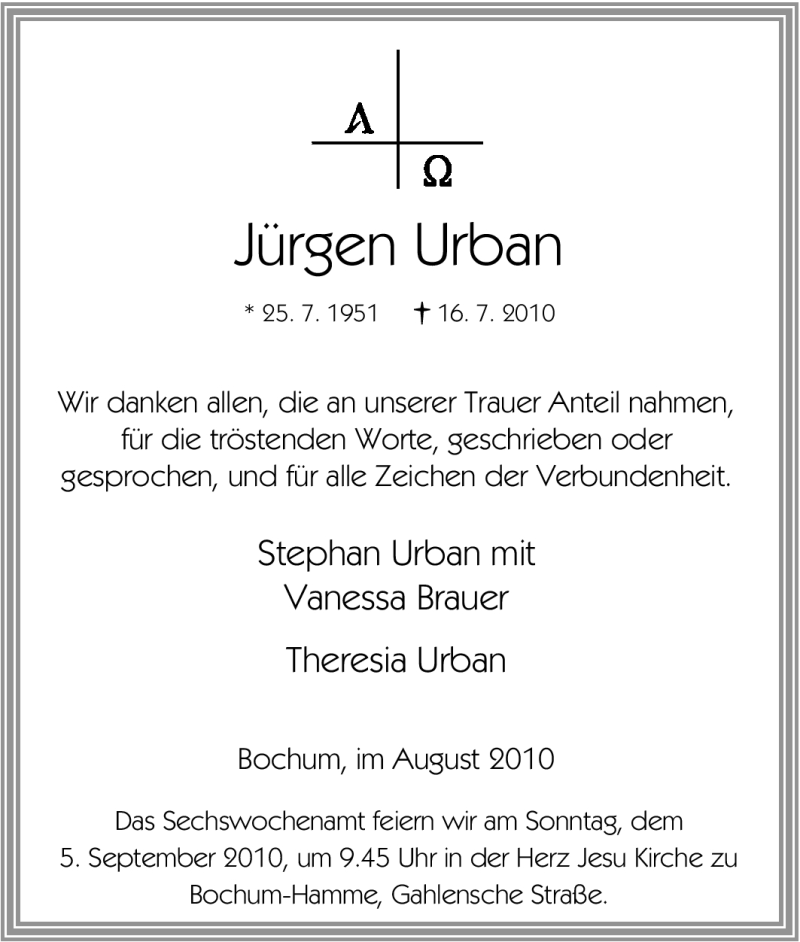  Traueranzeige für Jürgen Urban vom 28.08.2010 aus Tageszeitung