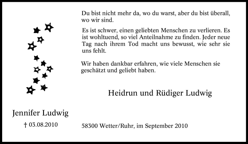  Traueranzeige für Jennifer Ludwig vom 11.09.2010 aus Tageszeitung