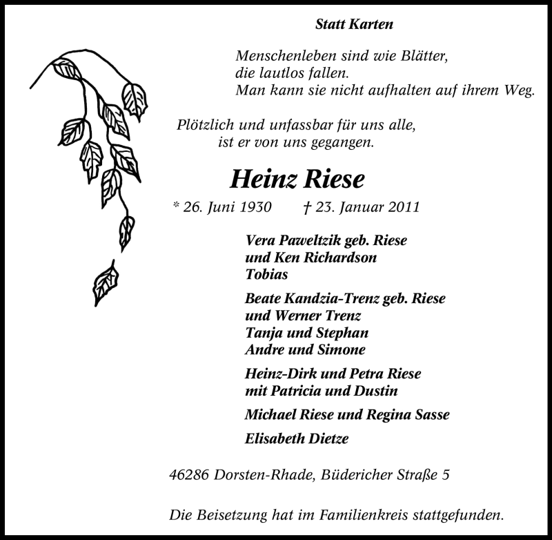  Traueranzeige für Heinz Riese vom 28.01.2011 aus Tageszeitung