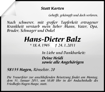 Traueranzeige von Hans-Dieter Balz von Tageszeitung