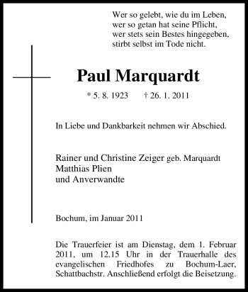 Traueranzeige von Paul Marquardt von Tageszeitung