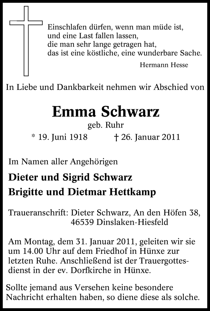  Traueranzeige für Emma Schwarz vom 28.01.2011 aus Tageszeitung