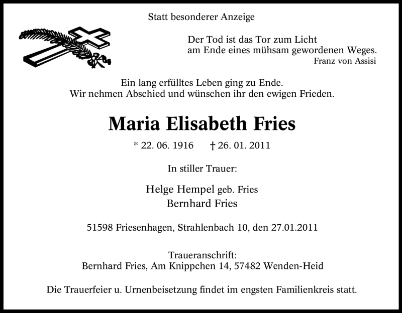  Traueranzeige für Maria Elisabeth Fries vom 29.01.2011 aus Tageszeitung