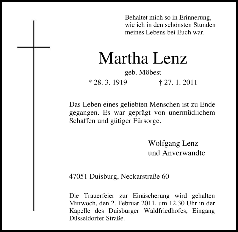  Traueranzeige für Martha Lenz vom 29.01.2011 aus Tageszeitung