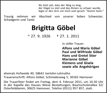 Traueranzeige von Brigitta Göbel von Tageszeitung