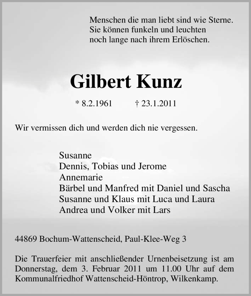  Traueranzeige für Gilbert Kunz vom 29.01.2011 aus Tageszeitung