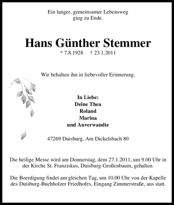 Traueranzeige von Hans Günther Stemmer von Tageszeitung