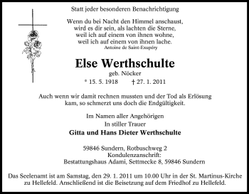 Traueranzeige von Else Werthschulte von Tageszeitung