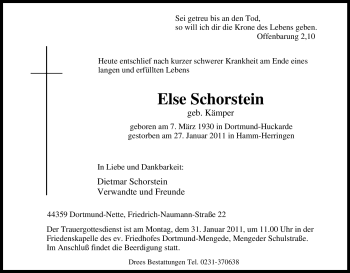 Traueranzeige von Else Schorstein von Tageszeitung
