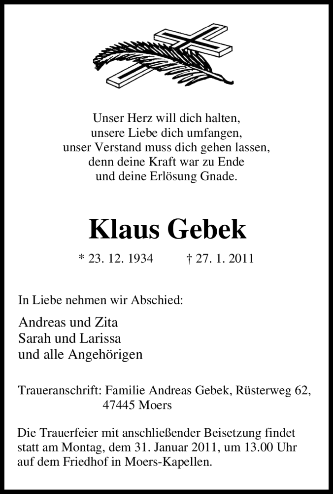  Traueranzeige für Klaus Gebek vom 28.01.2011 aus Tageszeitung