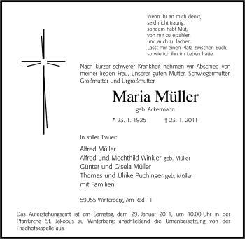 Traueranzeige von Maria Müller von Tageszeitung