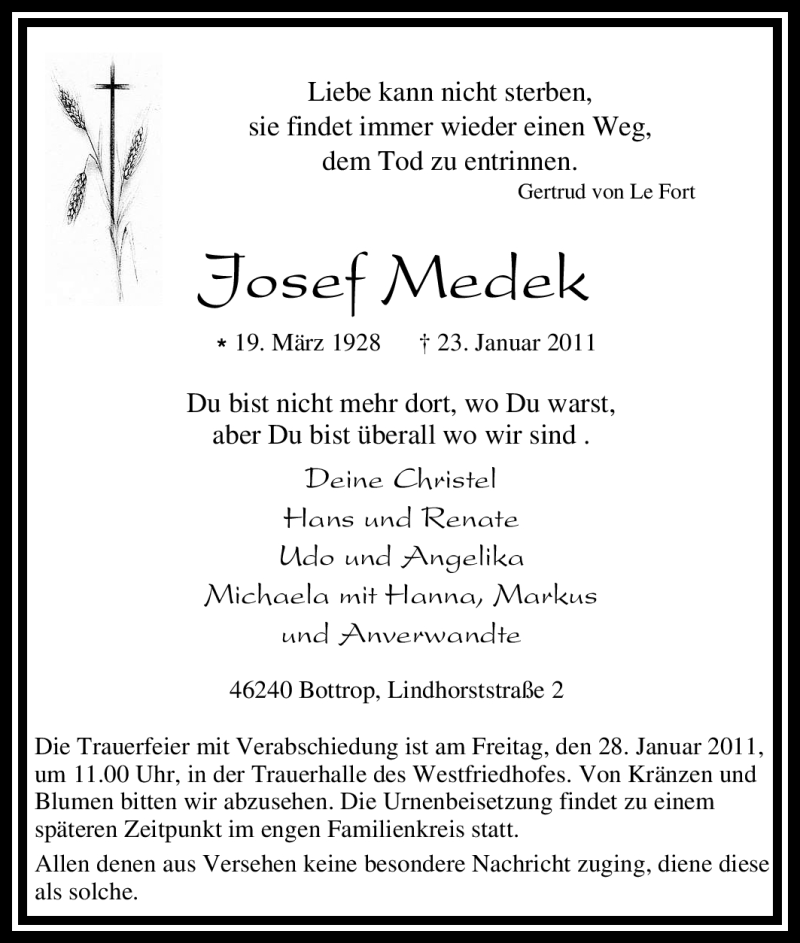  Traueranzeige für Josef Medek vom 25.01.2011 aus Tageszeitung