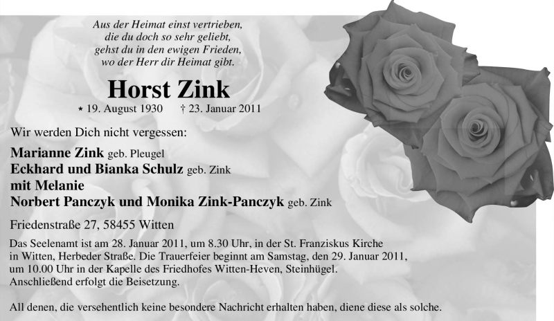  Traueranzeige für Horst Zink vom 25.01.2011 aus Tageszeitung