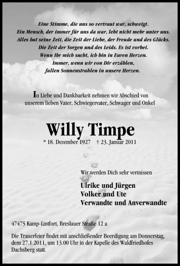 Traueranzeige von Willy Timpe von Tageszeitung