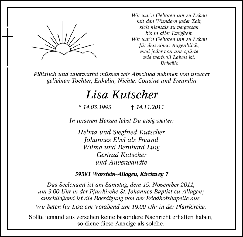  Traueranzeige für Lisa Kutscher vom 17.11.2011 aus Tageszeitung