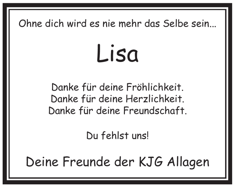  Traueranzeige für Lisa Kutscher vom 21.11.2011 aus Tageszeitung