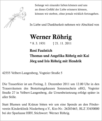 Traueranzeige von Werner Röhrig von Tageszeitung