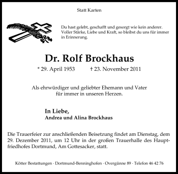 Traueranzeige von Rolf Brockhaus von Tageszeitung