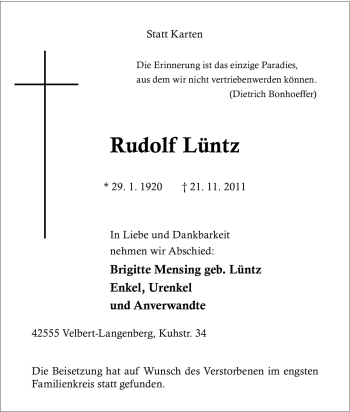 Traueranzeige von Rudolf Lüntz von Tageszeitung