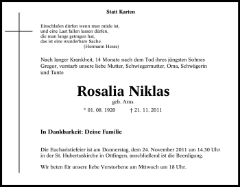 Traueranzeige von Rosalia Niklas von Tageszeitung