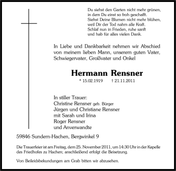 Traueranzeige von Hermann Rensner von Tageszeitung