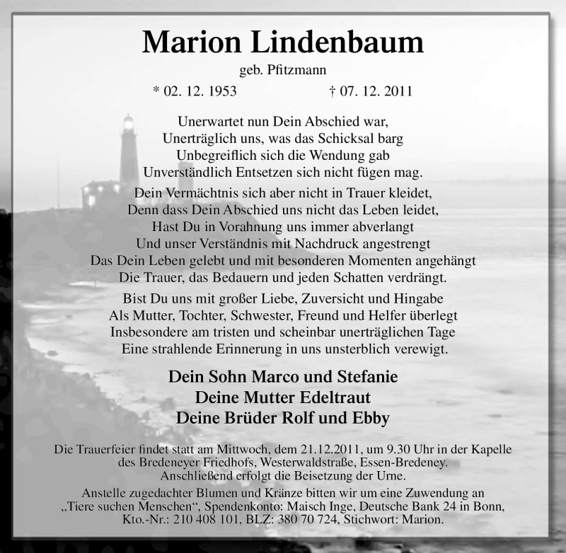  Traueranzeige für Marion Lindenbaum vom 17.12.2011 aus Tageszeitung