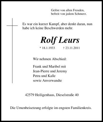 Traueranzeige von Rolf Leurs von Tageszeitung