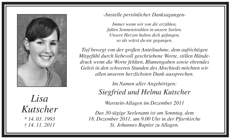  Traueranzeige für Lisa Kutscher vom 10.12.2011 aus Tageszeitung