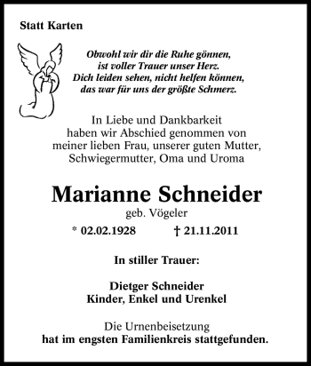 Traueranzeige von Marianne Schneider von Tageszeitung