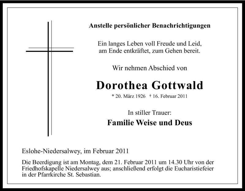  Traueranzeige für Dorothea Gottwald vom 18.02.2011 aus Tageszeitung
