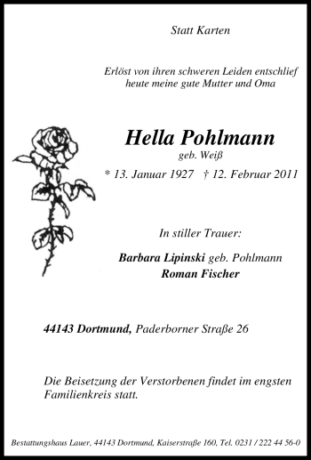 Traueranzeige von Hella Pohlmann von Tageszeitung