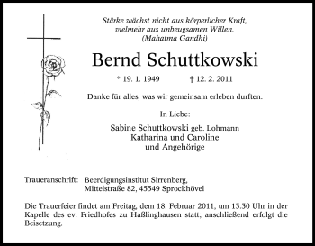 Traueranzeige von Bernd Schuttkowski von Tageszeitung