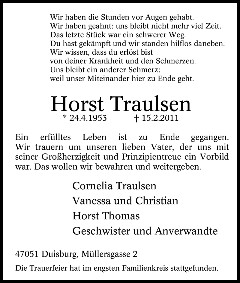  Traueranzeige für Horst Traulsen vom 23.02.2011 aus Tageszeitung