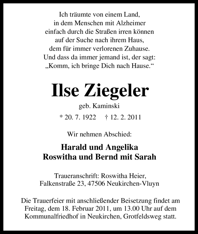  Traueranzeige für Ilse Ziegeler vom 16.02.2011 aus Tageszeitung