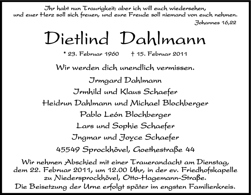  Traueranzeige für Dietlind Dahlmann vom 19.02.2011 aus Tageszeitung
