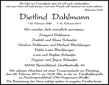 Traueranzeige von Dietlind Dahlmann von Tageszeitung