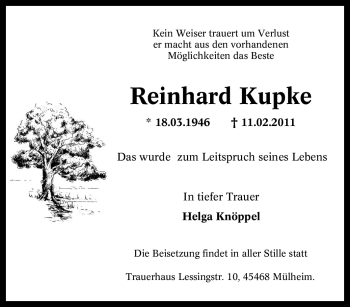 Traueranzeige von Reinhard Kupke von Tageszeitung