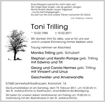Traueranzeige von Toni Trilling von Tageszeitung