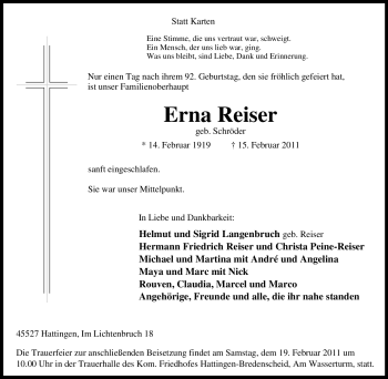 Traueranzeige von Erna Reiser von Tageszeitung