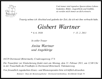 Traueranzeige von Gisbert Wartner von Tageszeitung